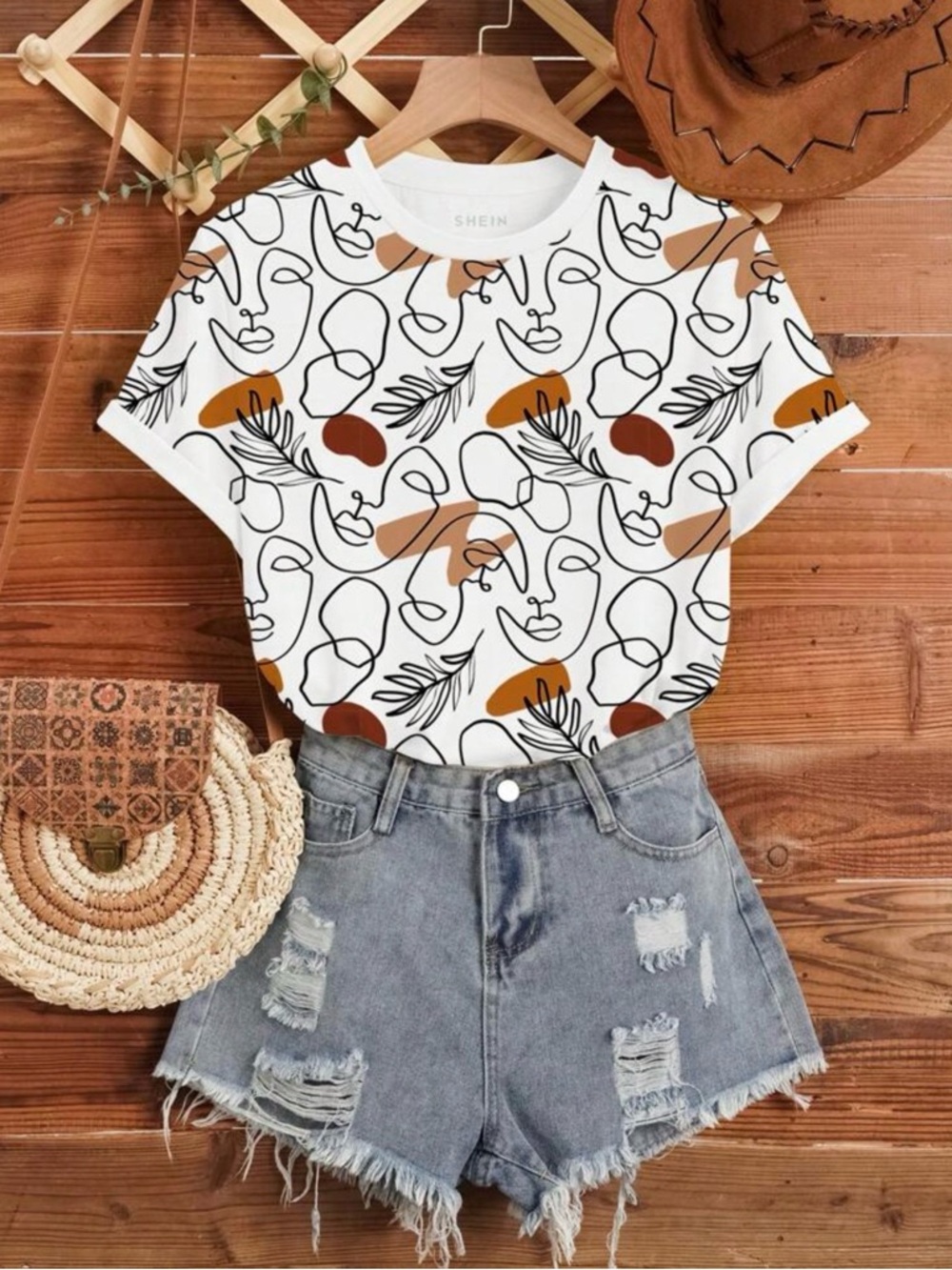 SHEIN White Short Sleeve Tee with Black Line Art and Brown Accents